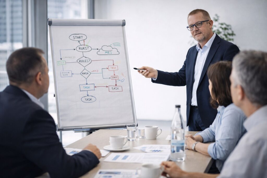 Peter Schaller im Gespräch mit dem Management zum MES-Projektstatus