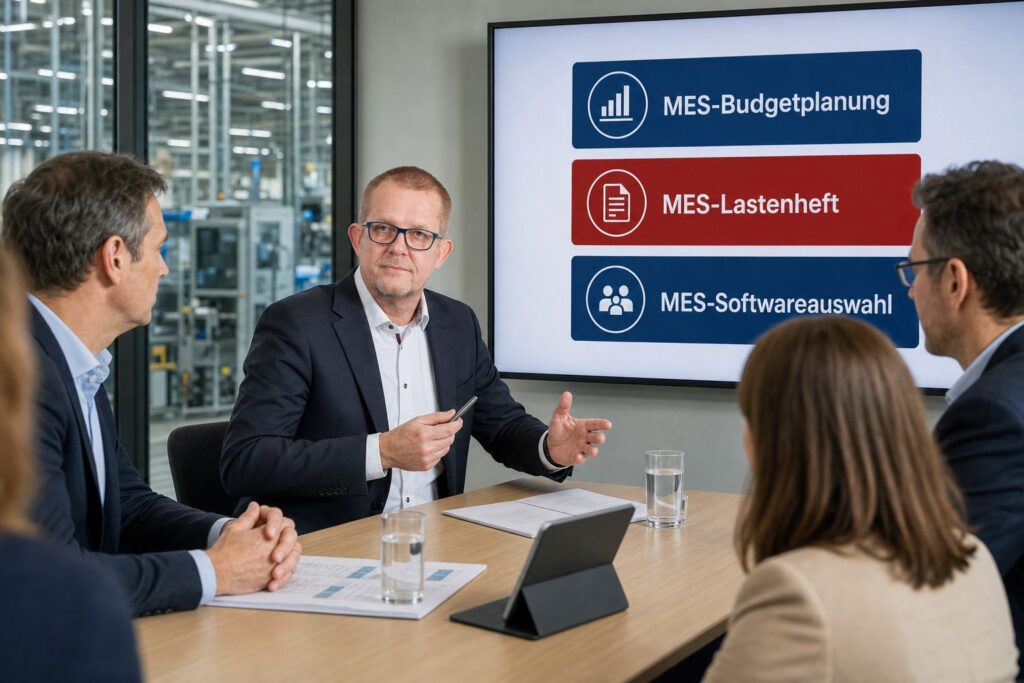 Peter Schaller bespricht mit einem Projektteam MES-Budgetplanung, MES-Lastenheft und MES-Softwareauswahl.