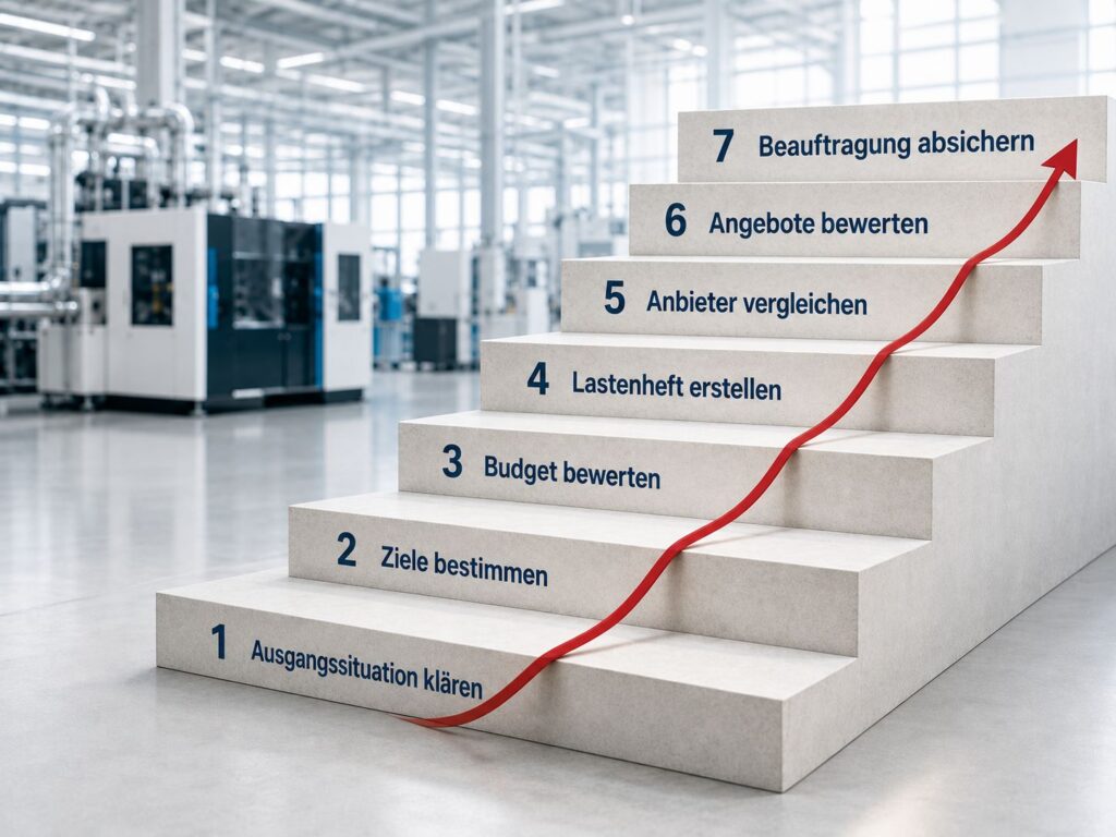 Sieben Schritte einer strukturierten MES-Einführung von der Ausgangssituation bis zur abgesicherten Beauftragung.